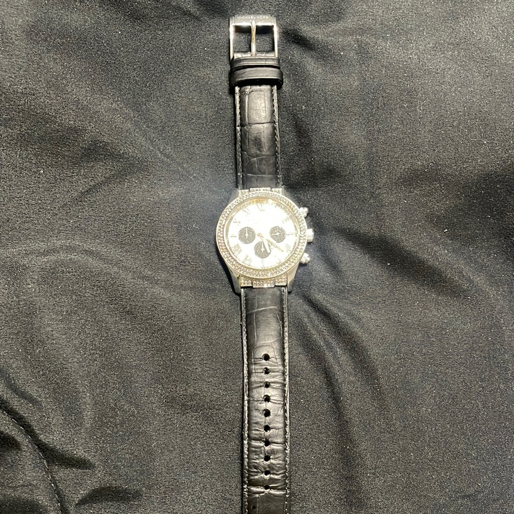 MK black leather band with diamond face watch